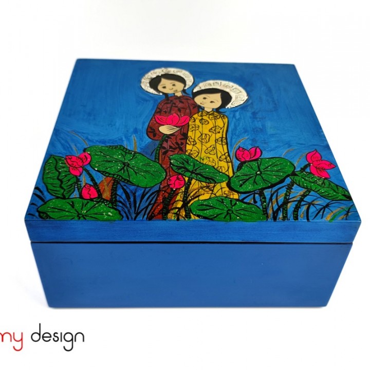 Blue square lacquer box hand painted with folk themes